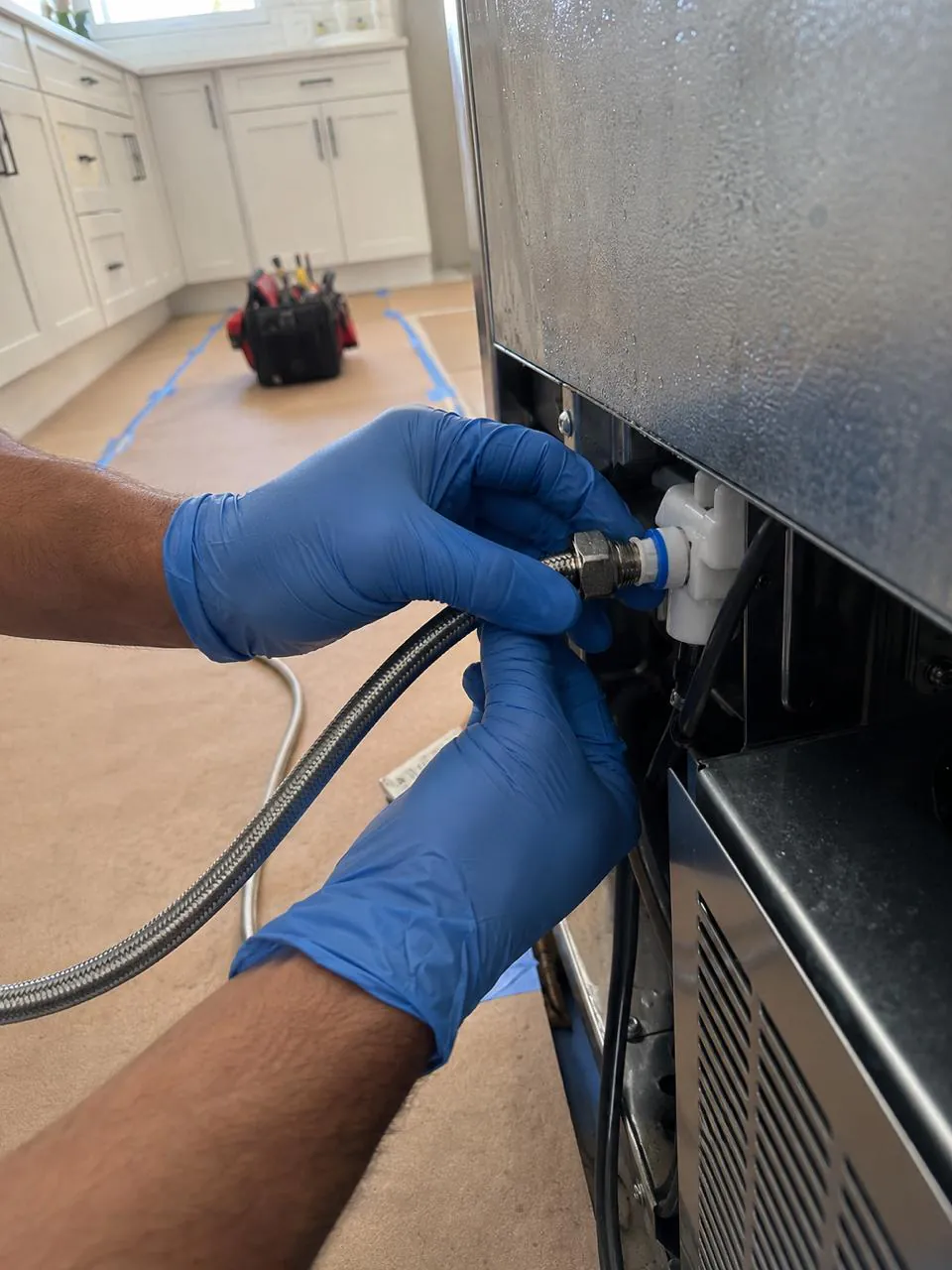 Connecting refrigerator water line for ice maker in Southern California kitchen