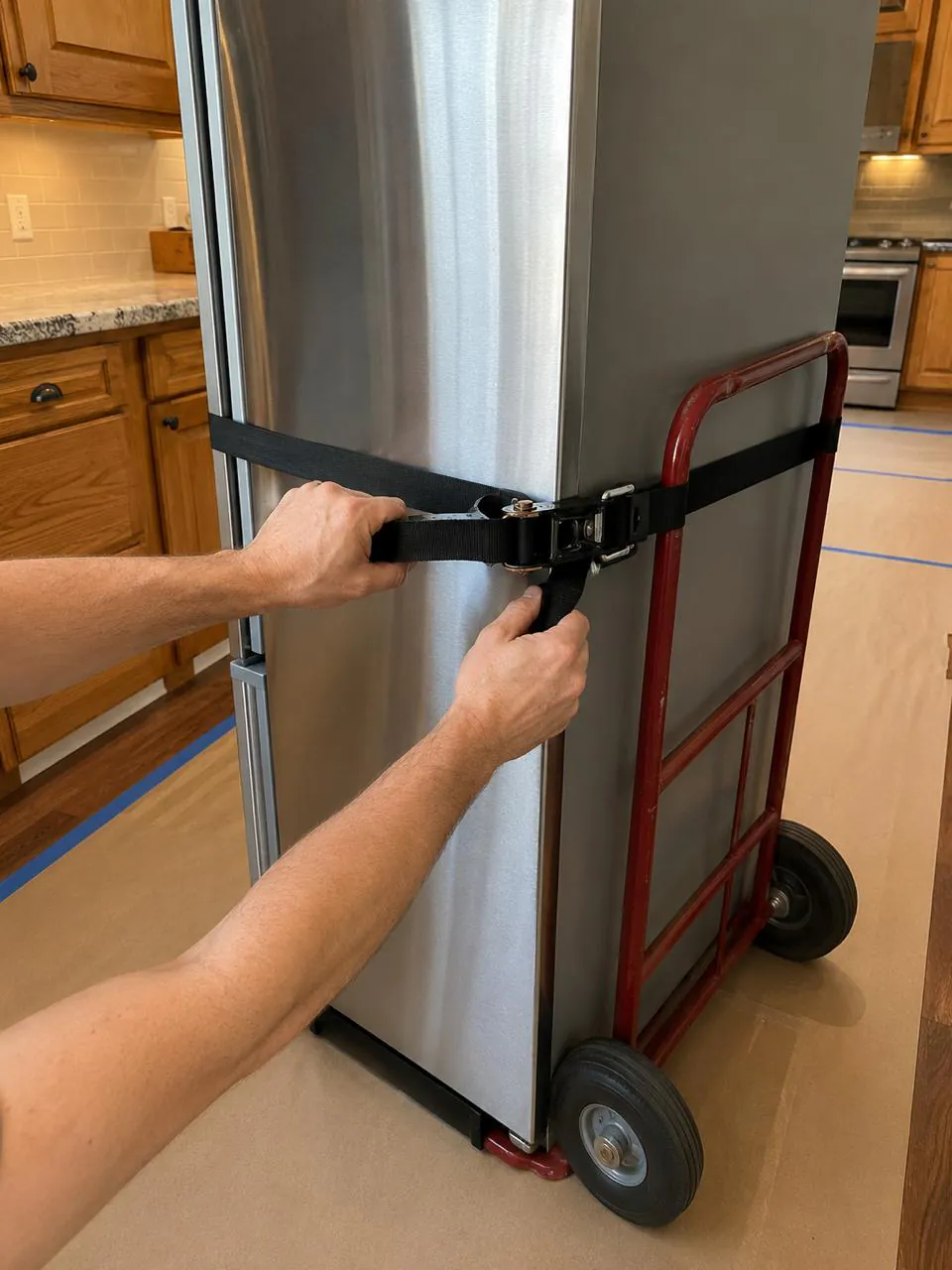 Technician moving stainless refrigerator on dolly in San Diego home kitchen