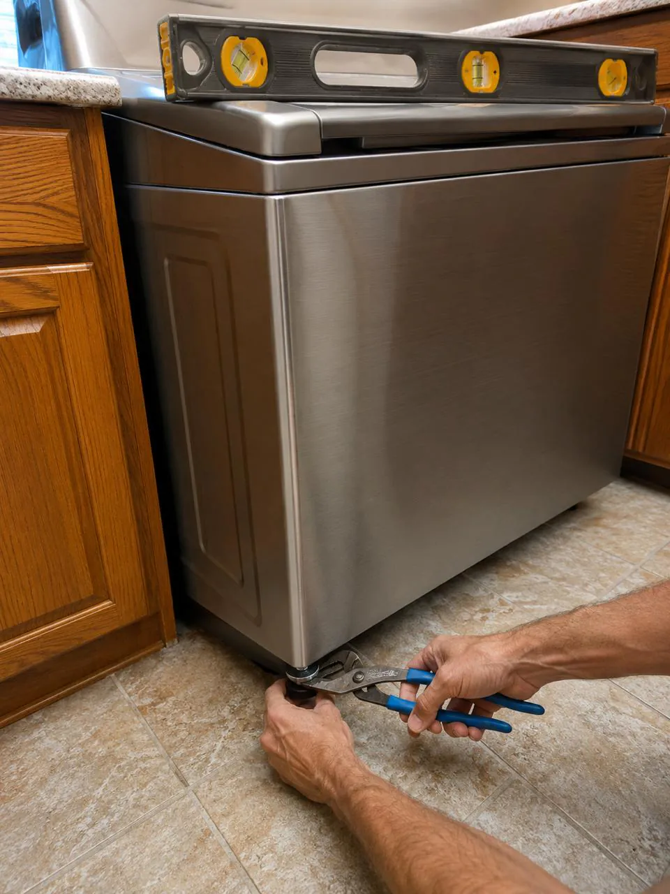 Technician leveling stainless steel washer with pliers in Southern California home