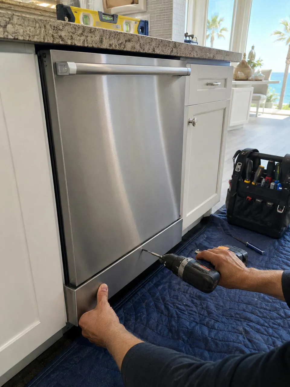 Technician repairing stainless dishwasher in Southern California coastal kitchen