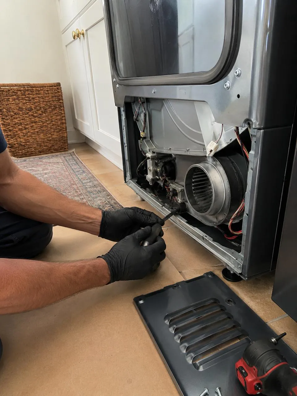 Technician repairing dryer blower and rear panel in a home