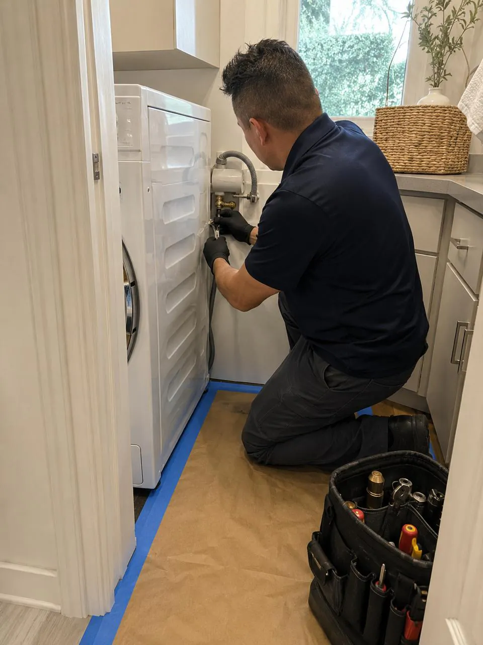 Technician servicing washer water hose connection in Southern California home