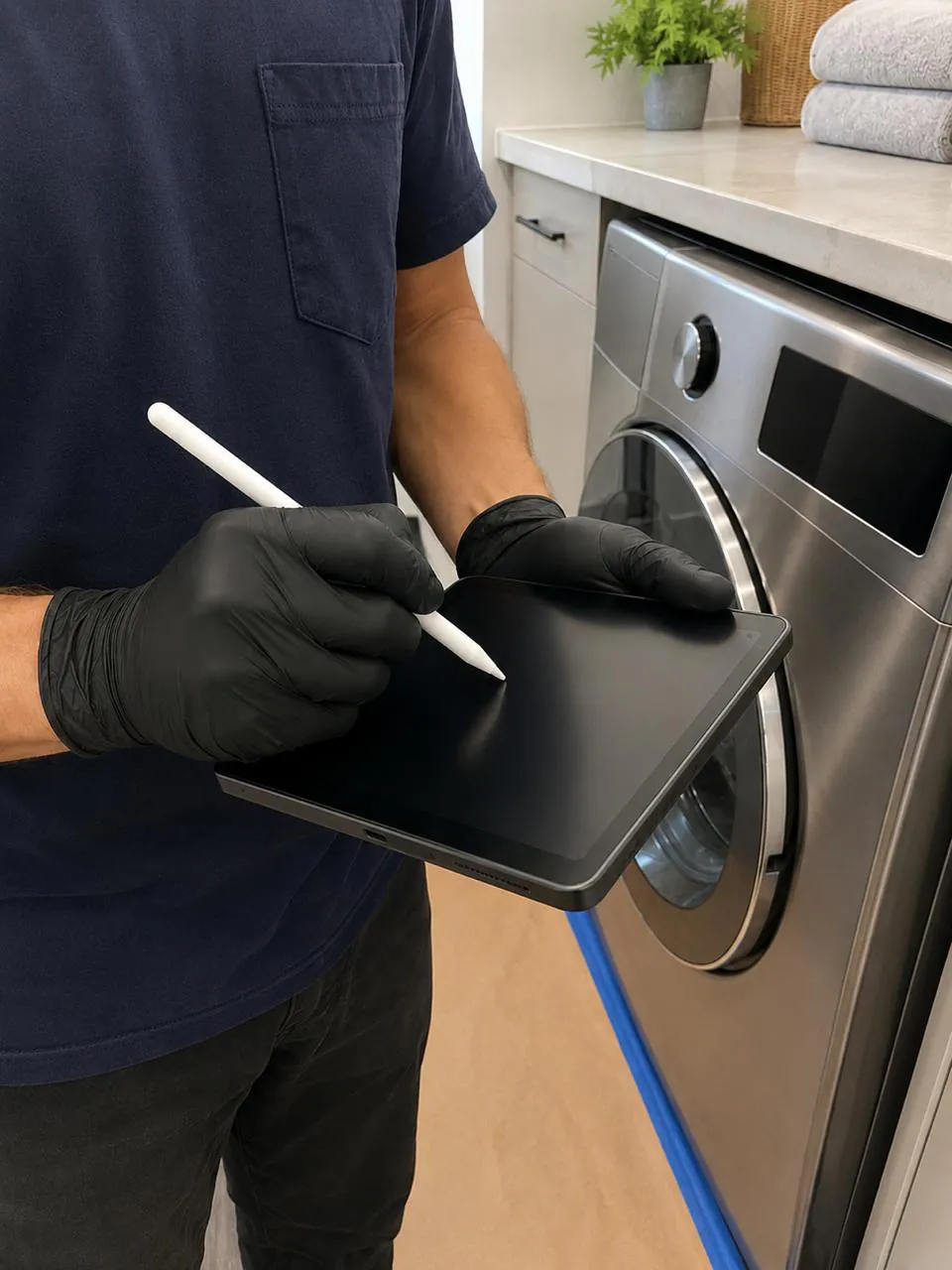 Technician documenting front-load washer repair on a tablet in San Diego home
